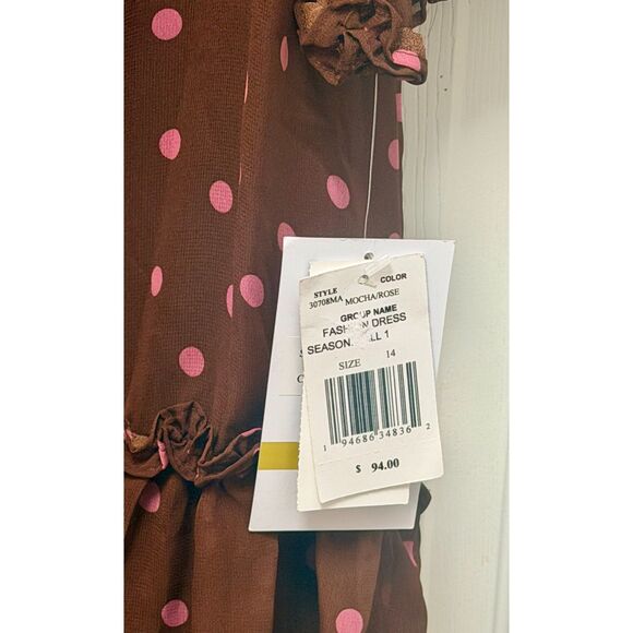 NWT Maison Tara Boho Fit Flare Chiffon Dot Print Dress 3/4 Sleeve Mocha Rose 14 - Picture 5 of 9